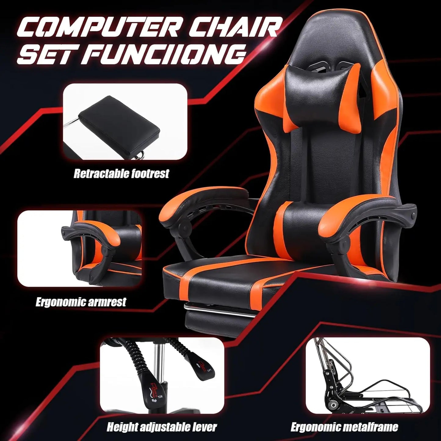 Adjustable Orange PU Leather Gaming Chair – Manual Recliner with Footrest and Lumbar Support