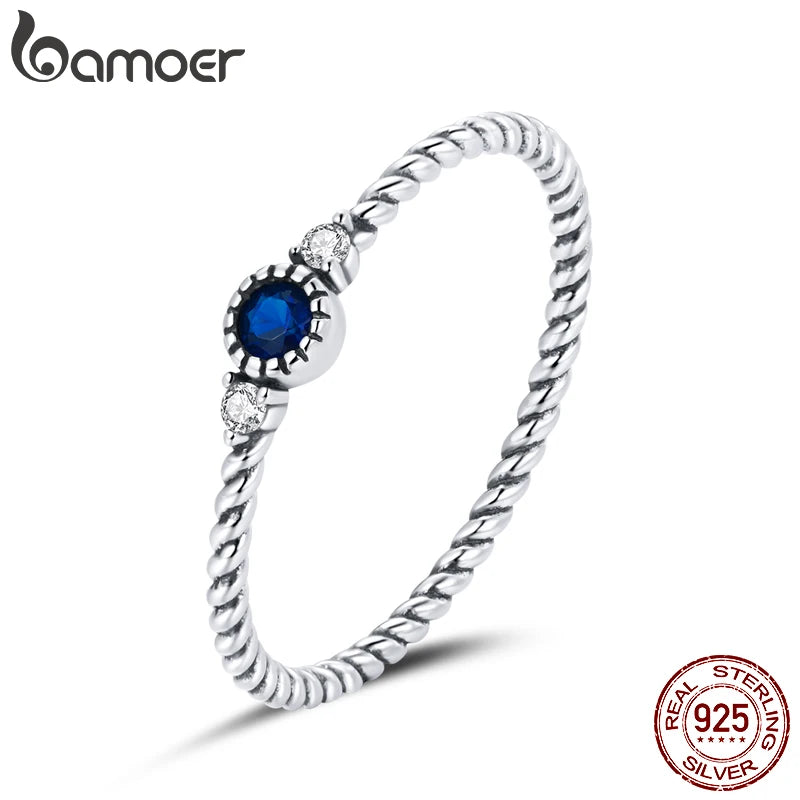 Sterling Silver Retro Blue Zircon Ring – 925 Silver Round-Cut Wedding Band for Women
