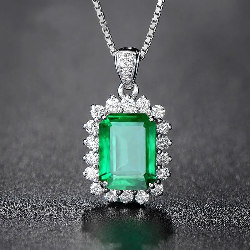 925 Sterling Silver Green Emerald and Diamond Accented Pendant – Vintage Style Necklace Charm for Women