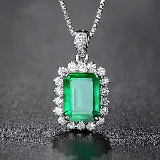 925 Sterling Silver Green Emerald and Diamond Accented Pendant – Vintage Style Necklace Charm for Women