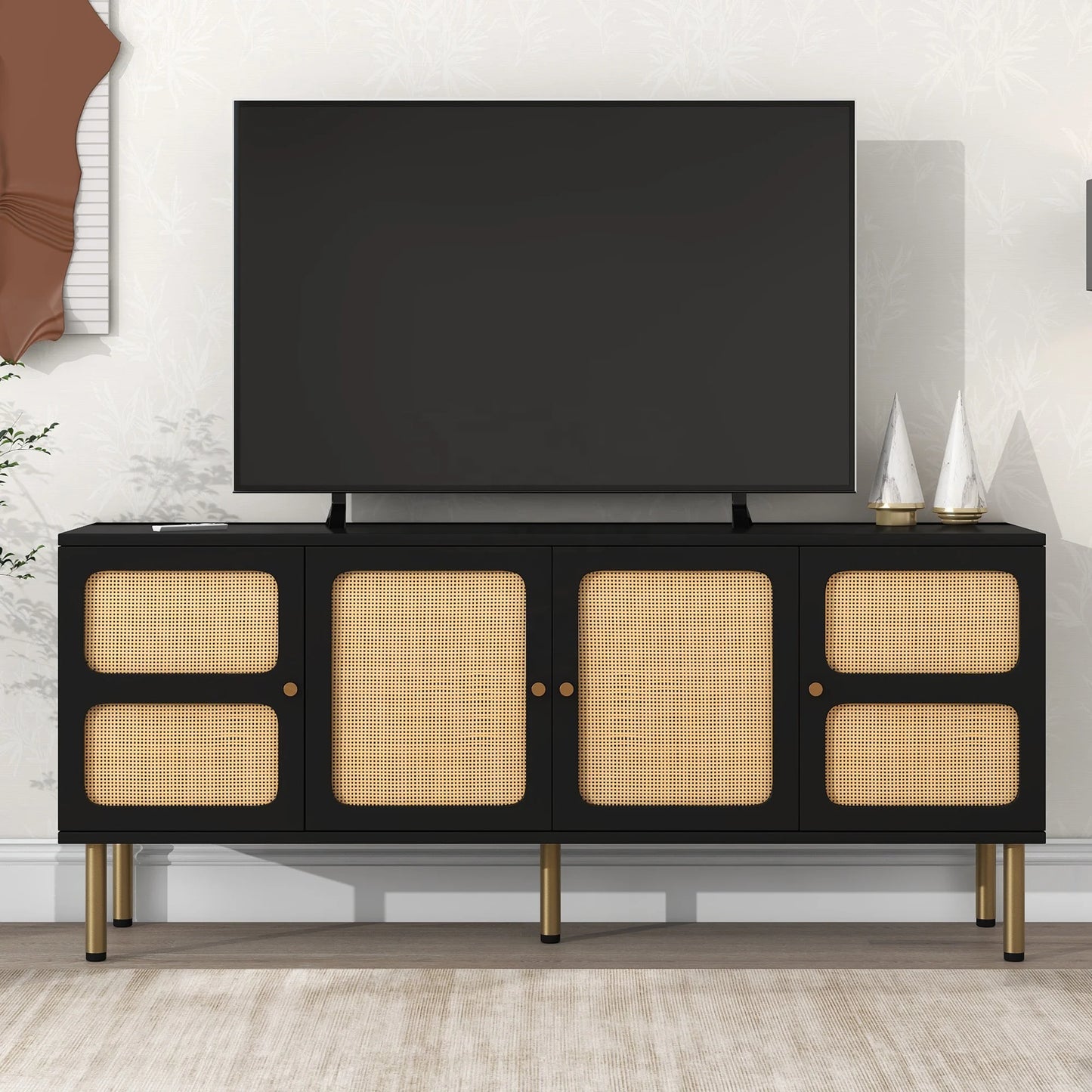 Boho Style Rattan Door TV Stand – Rectangular Modern Cabinet for Living Room or Apartment