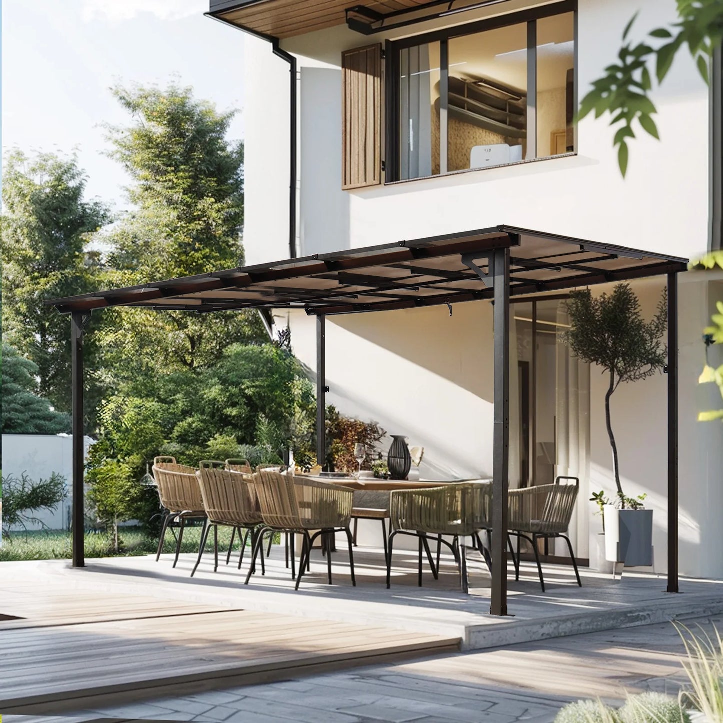 10x12 FT Wall-Mounted Outdoor Metal Awning Pergola – Heavy-Duty Steel Frame with Polycarbonate Roof for Patio, Deck, or Garden Use