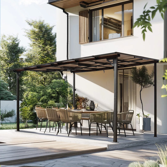 10x12 FT Wall-Mounted Outdoor Metal Awning Pergola – Heavy-Duty Steel Frame with Polycarbonate Roof for Patio, Deck, or Garden Use