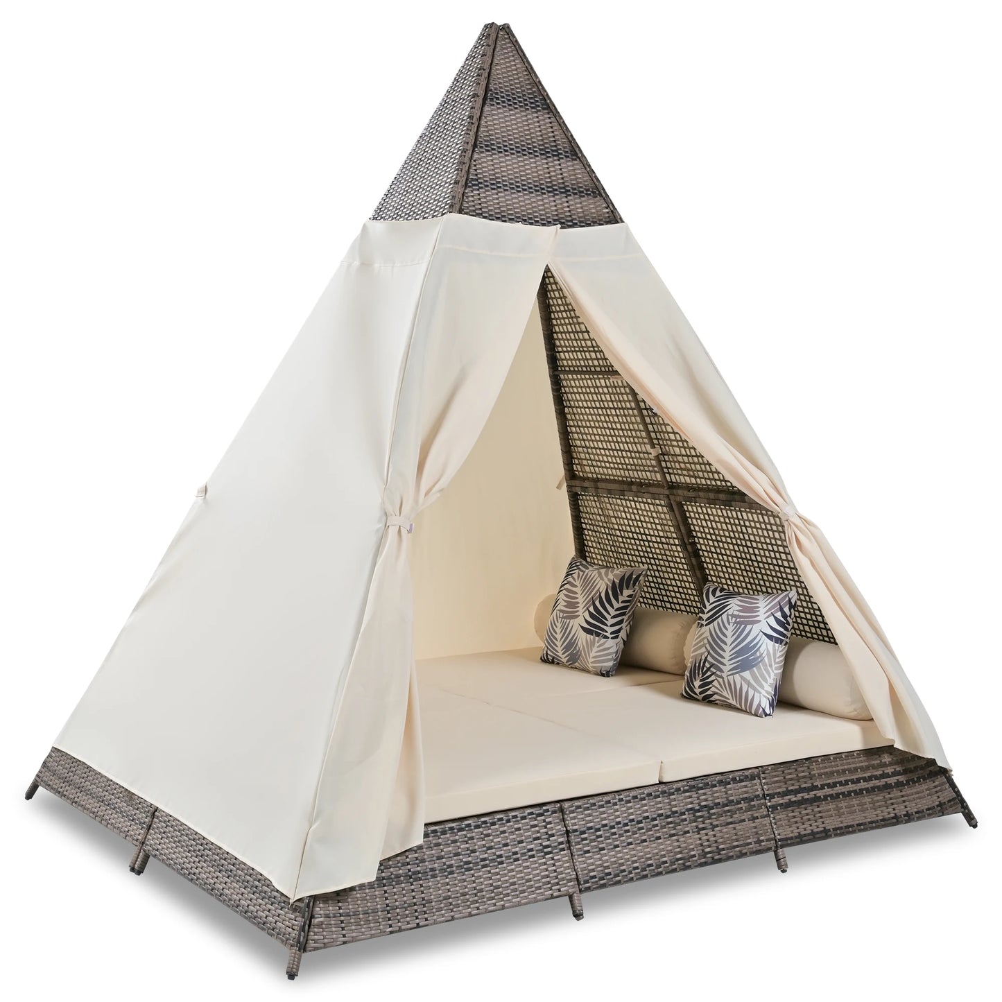 90.5-Inch Beige Outdoor Tent-Shaped Wicker Sunbed – Modern Patio Daybed with Cushions and Colorful Pillows