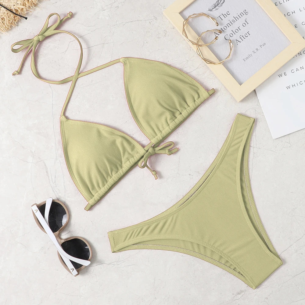 Solid Color Low Waist Bikini Set – Sexy Wire-Free Two-Piece Swimwear for Women