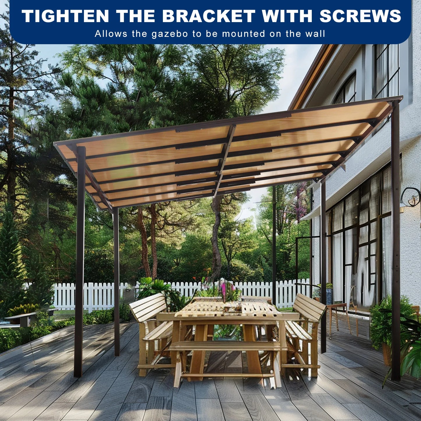 10x12 FT Wall-Mounted Outdoor Metal Awning Pergola – Heavy-Duty Steel Frame with Polycarbonate Roof for Patio, Deck, or Garden Use