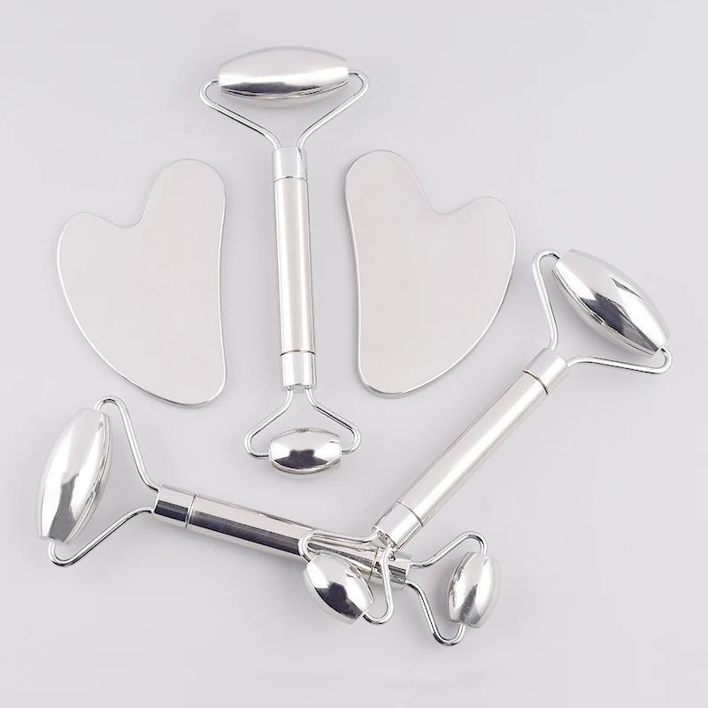 Stainless Steel Facial Roller & Gua Sha Set – Skin Detox, Anti-Wrinkle Massager for Face and Neck Beauty Care