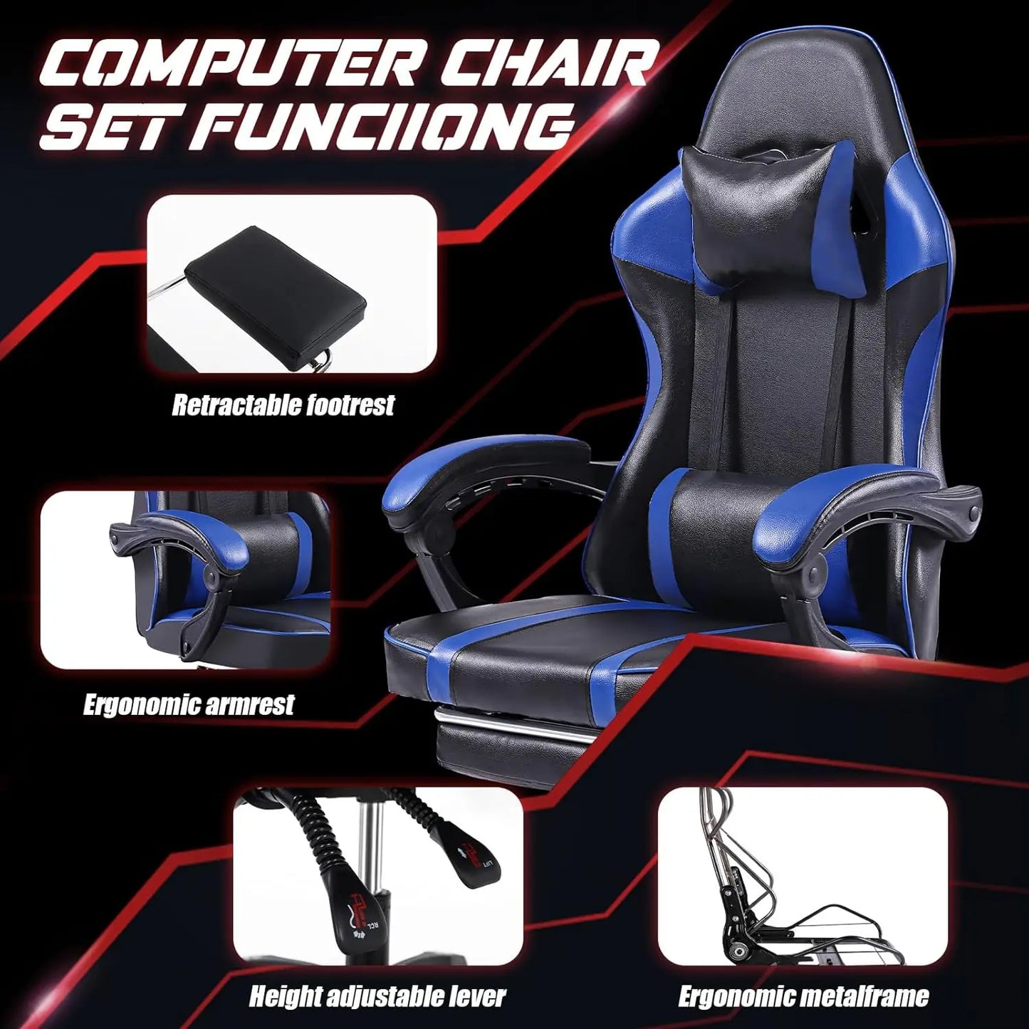 Adjustable Blue PU Leather Gaming Chair – Manual Recliner with Footrest and Lumbar Support