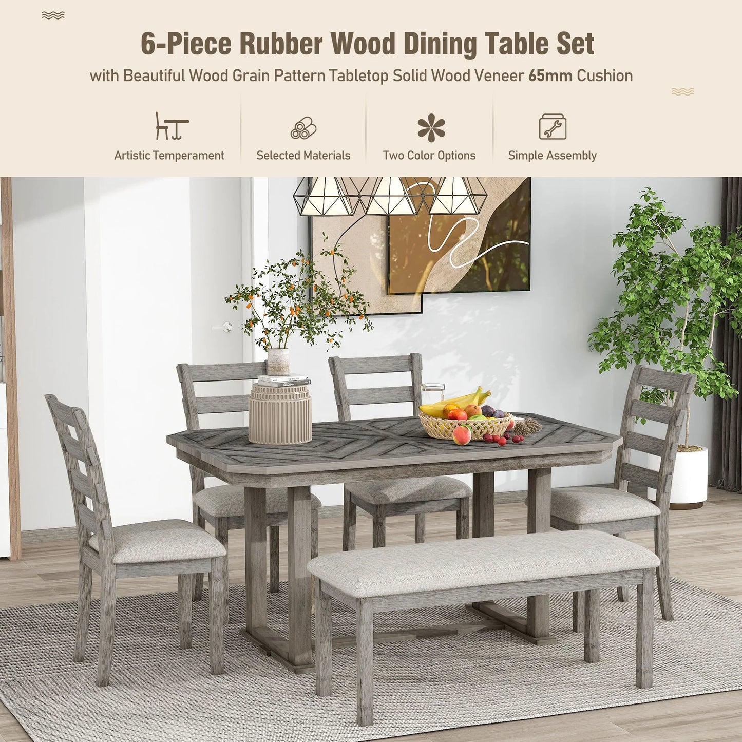 6-Piece Gray Oval Dining Table Set with Bench – Solid Wood Modern Furniture for Apartment or Farmhouse Use