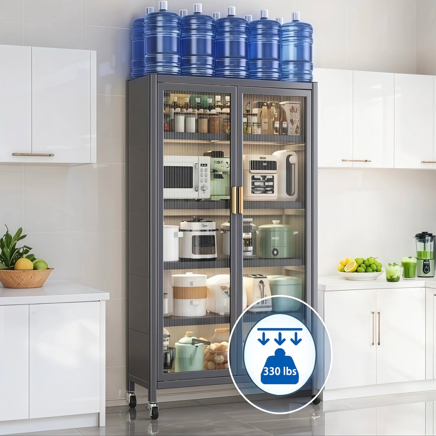 65" Gray Metal Kitchen Pantry Cabinet with Glass Doors – 6-Tier Storage with Adjustable Shelves for Food & Essentials