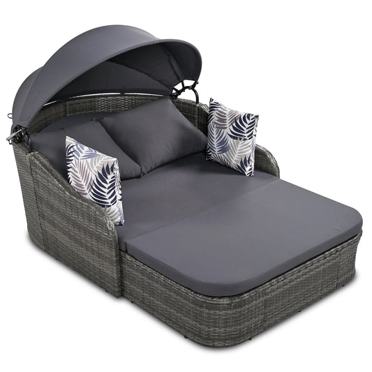 79.9-Inch Outdoor Double Rattan Sunbed with Adjustable Canopy – Navy Blue Cushions and PE Wicker Design for Garden or Poolside