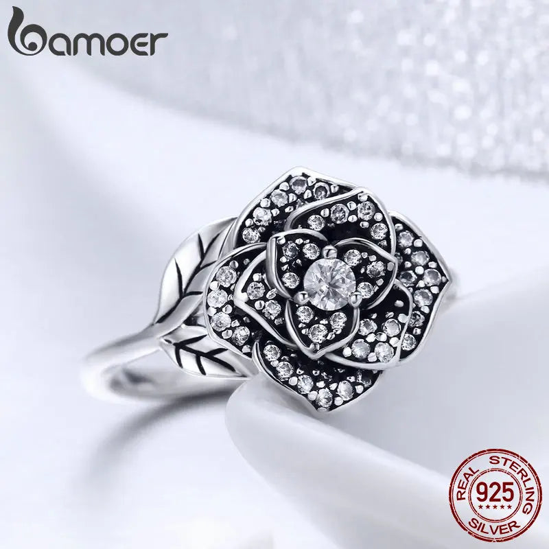 Sterling Silver Rose Flower Ring with CZ Leaves – 925 Silver Tree-Inspired Engagement & Wedding Band for Women