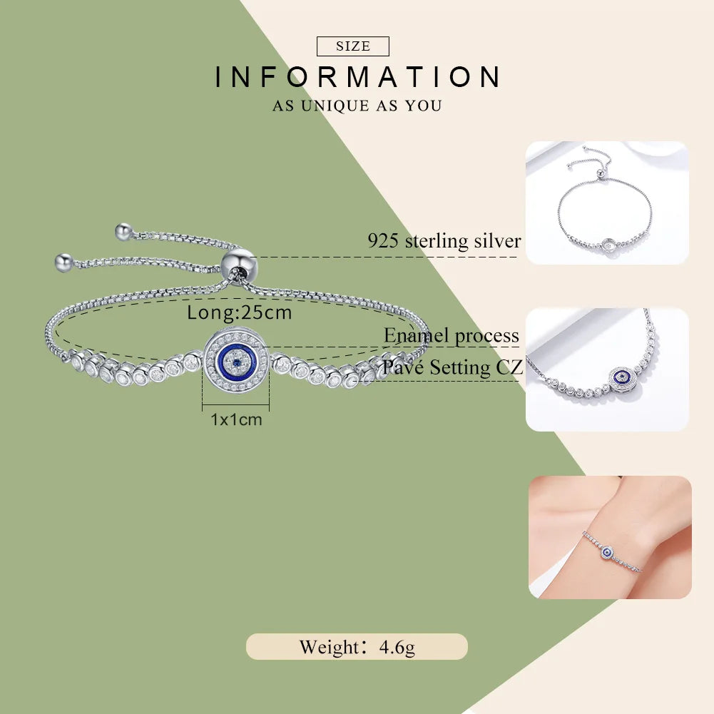 925 Sterling Silver Adjustable Evil Eye Tennis Bracelet with Zircon Accents for Women