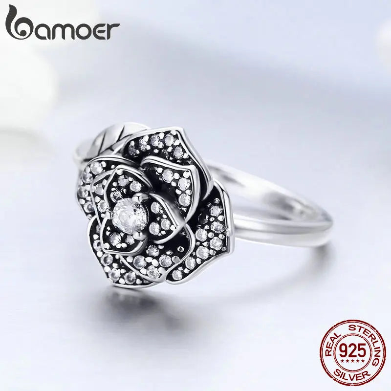 Sterling Silver Rose Flower Ring with CZ Leaves – 925 Silver Tree-Inspired Engagement & Wedding Band for Women