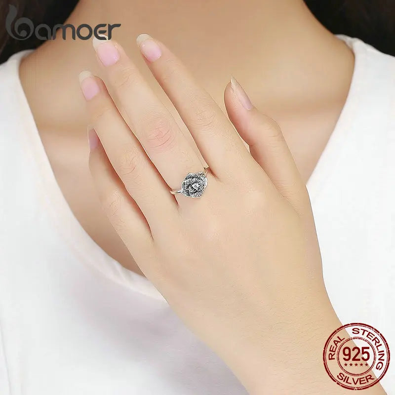 Sterling Silver Rose Flower Ring with CZ Leaves – 925 Silver Tree-Inspired Engagement & Wedding Band for Women