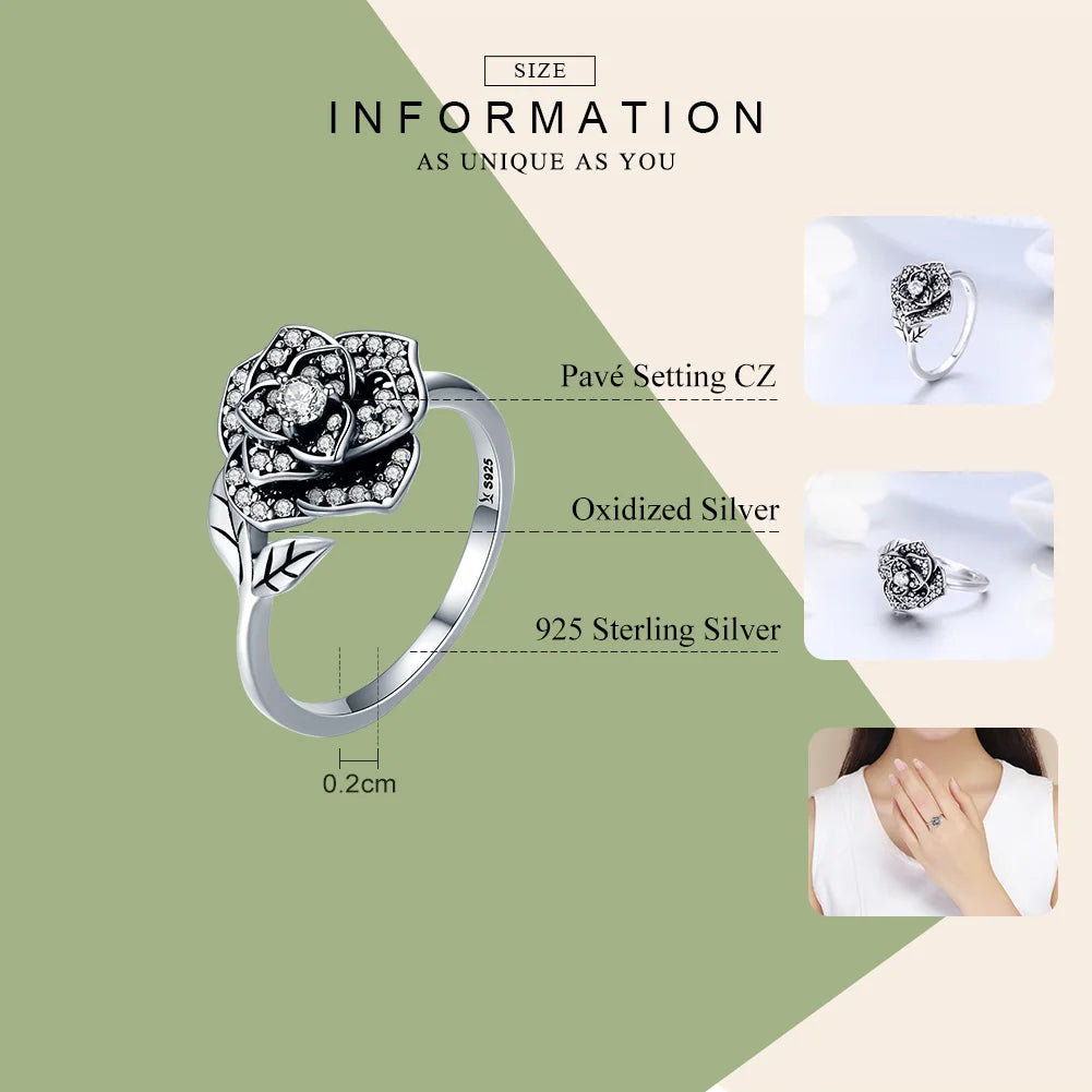 Sterling Silver Rose Flower Ring with CZ Leaves – 925 Silver Tree-Inspired Engagement & Wedding Band for Women