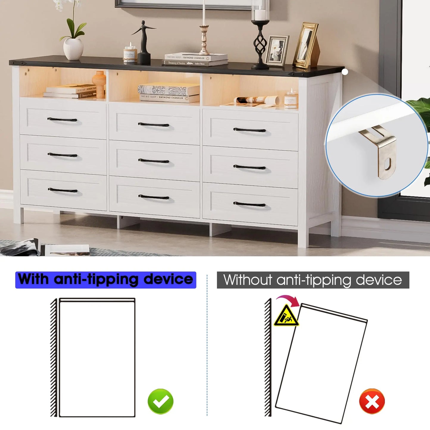White 63" Modern 12-Drawer Long Chest Dresser with LED Lights – Large Storage Cabinet for Bedroom or Living Room