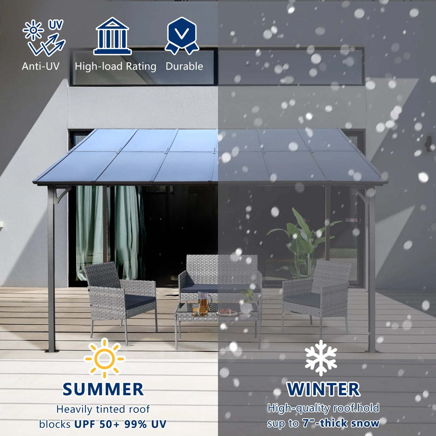 10x12 FT Wall-Mounted Outdoor Metal Awning Pergola – Heavy-Duty Steel Frame with Polycarbonate Roof for Patio, Deck, or Garden Use