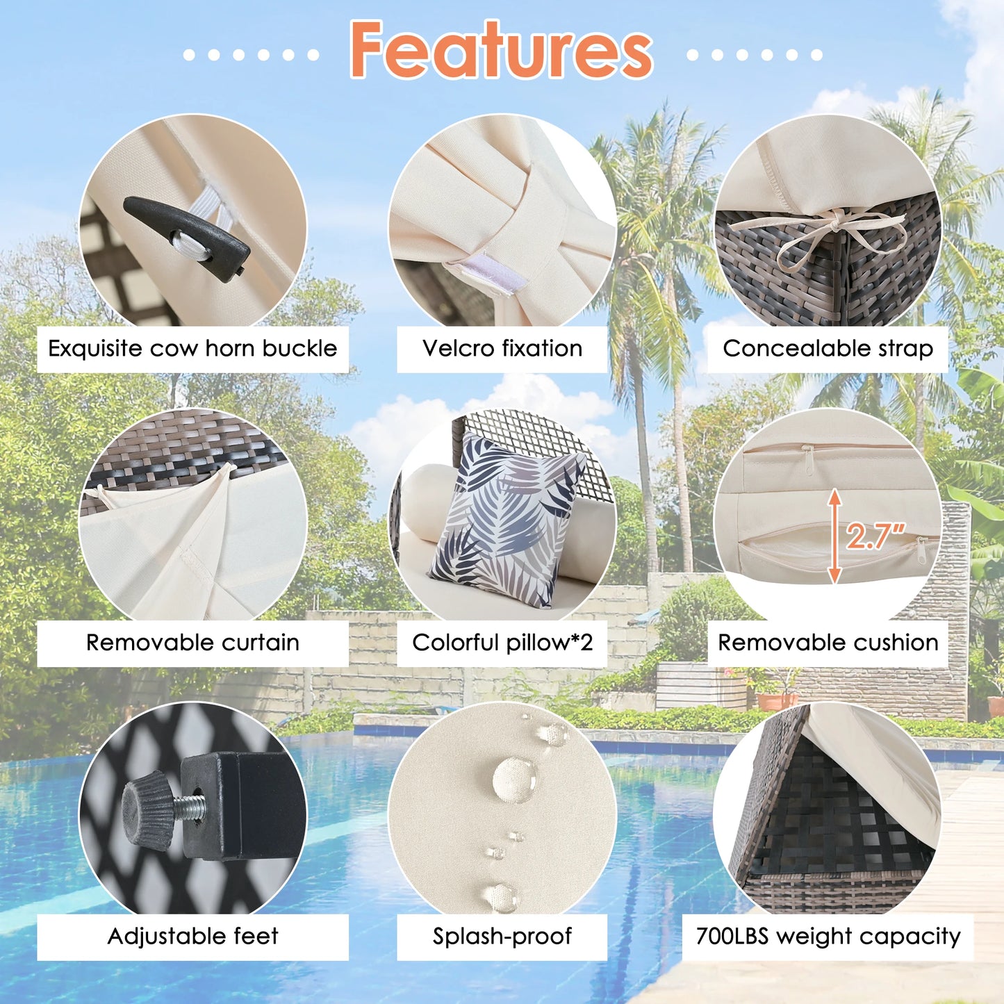 90.5-Inch Beige Outdoor Tent-Shaped Wicker Sunbed – Modern Patio Daybed with Cushions and Colorful Pillows