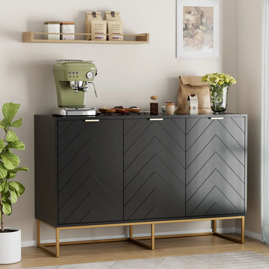 Black Modern 3-Door Storage Buffet Cabinet – Sideboard with Adjustable Shelf for Living Room, Bedroom, or Entryway