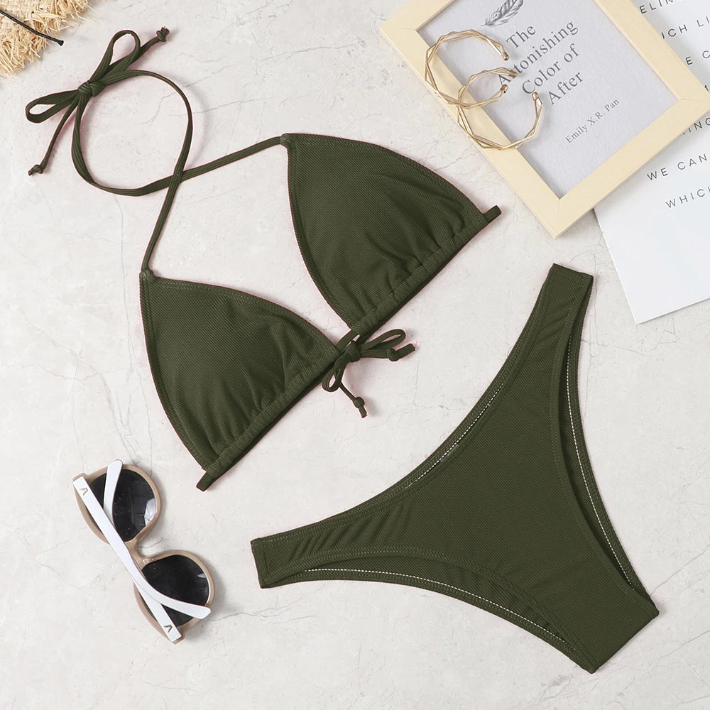 Solid Color Low Waist Bikini Set – Sexy Wire-Free Two-Piece Swimwear for Women
