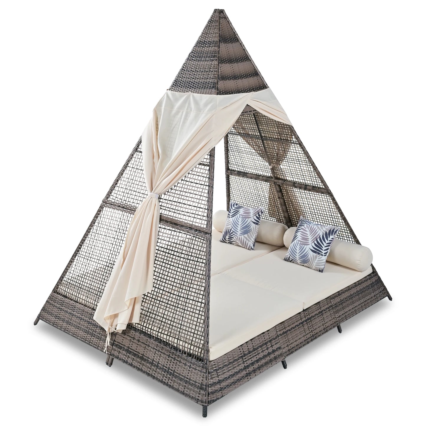 90.5-Inch Beige Outdoor Tent-Shaped Wicker Sunbed – Modern Patio Daybed with Cushions and Colorful Pillows