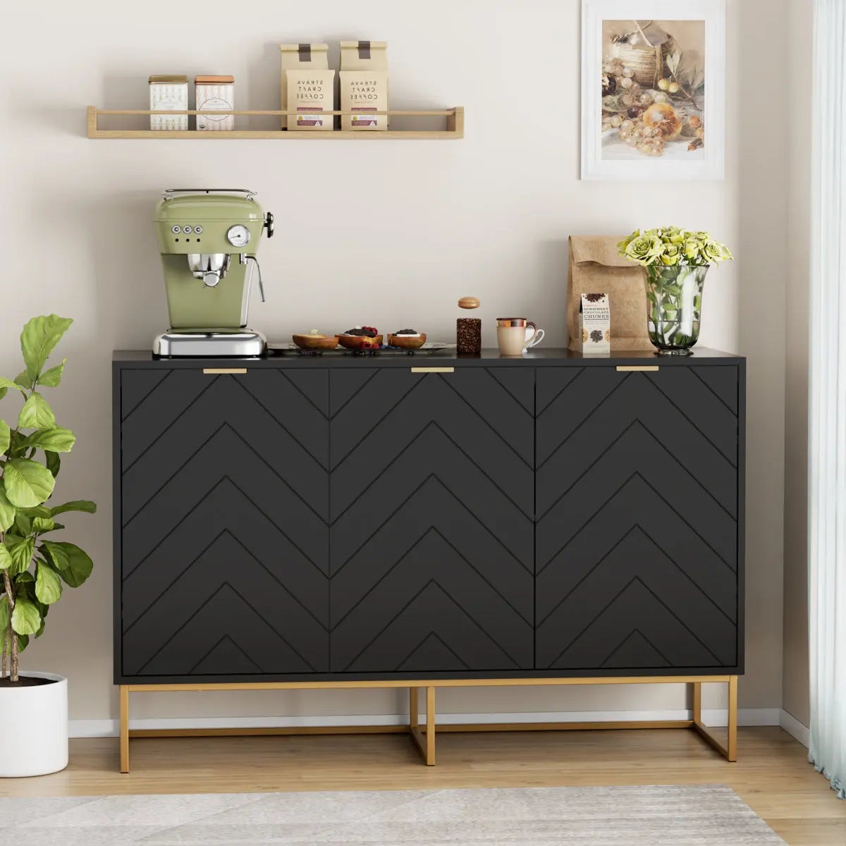 Black Modern 3-Door Storage Buffet Cabinet – Sideboard with Adjustable Shelf for Living Room, Bedroom, or Entryway