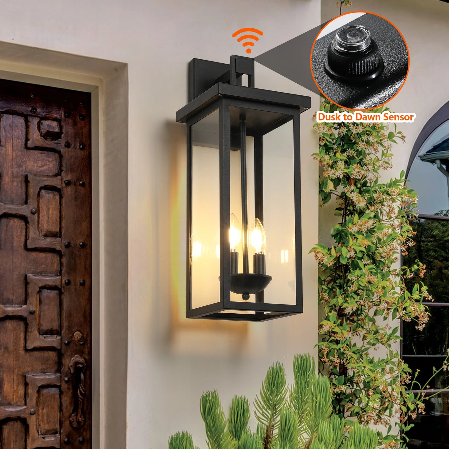 2-Pack Large Outdoor Wall Lanterns – 22" Black Waterproof Sconce Lights with Light Sensor for Porch, Garage, or Balcony