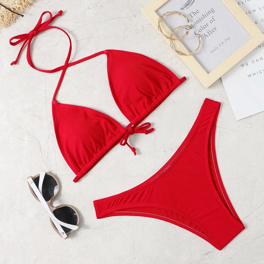Solid Color Low Waist Bikini Set – Sexy Wire-Free Two-Piece Swimwear for Women
