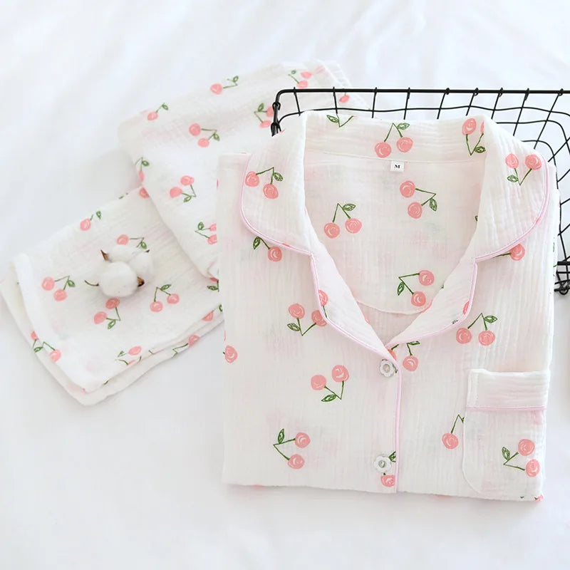 Women's 2-Piece Gauze Cotton Pajama Set – Printed Long Sleeve Button-Up Sleepwear for Spring and Fall