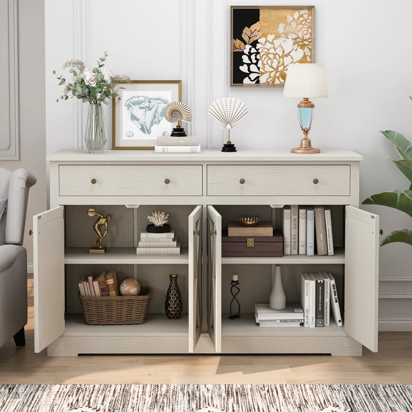 Vintage White Sideboard Cabinet with 2 Drawers and 4 Shutter Doors – Living Room, Bedroom & Kitchen Storage Solution