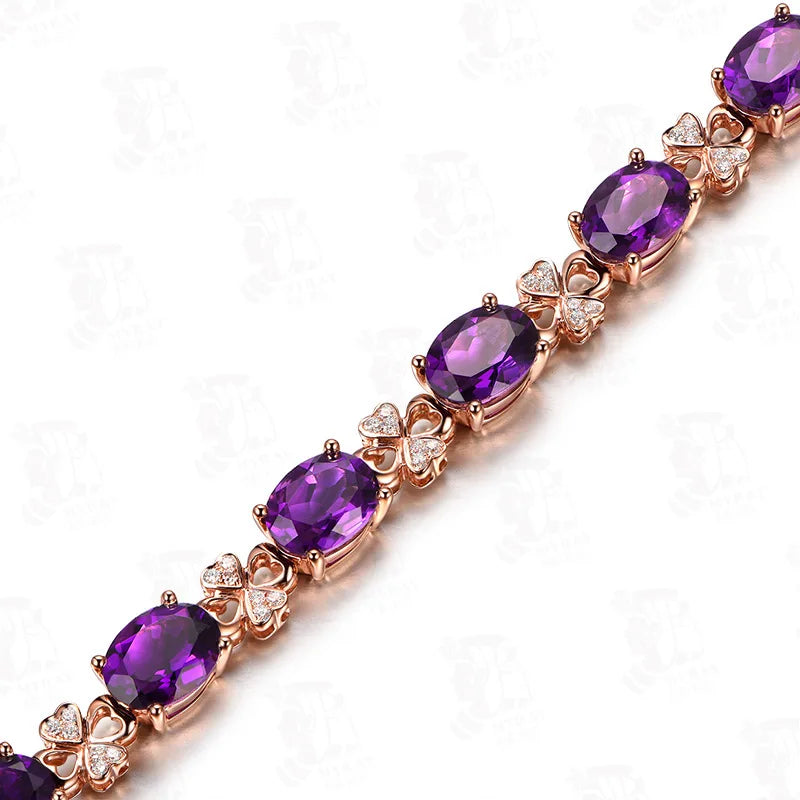 18K Rose Gold-Plated Natural Amethyst Bracelet for Women – Romantic Handmade Link Chain Jewelry with Diamond Accents, Ideal Valentine's Gift