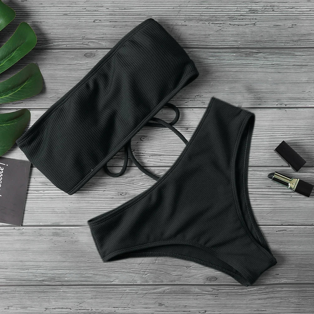 Strapless High-Waist Bikini Set for Women – Solid Color, Padded, Wire-Free Two-Piece Swimsuit