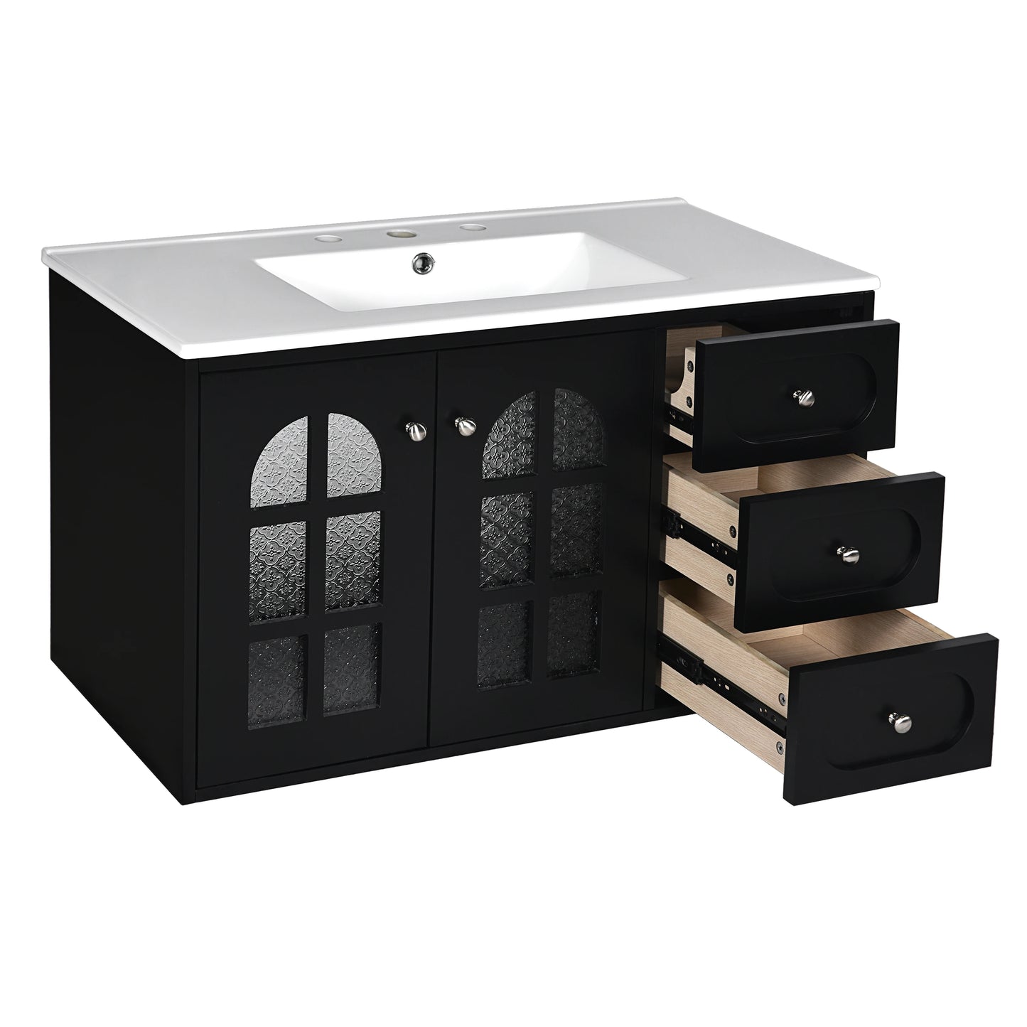 36-Inch Floating Bathroom Vanity in Black with Ceramic Sink – 3 Drawers, Soft-Close System, and Wall-Mounted Design