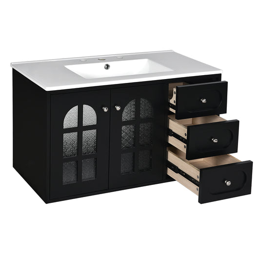 36-Inch Floating Bathroom Vanity in Black with Ceramic Sink – 3 Drawers, Soft-Close System, and Wall-Mounted Design