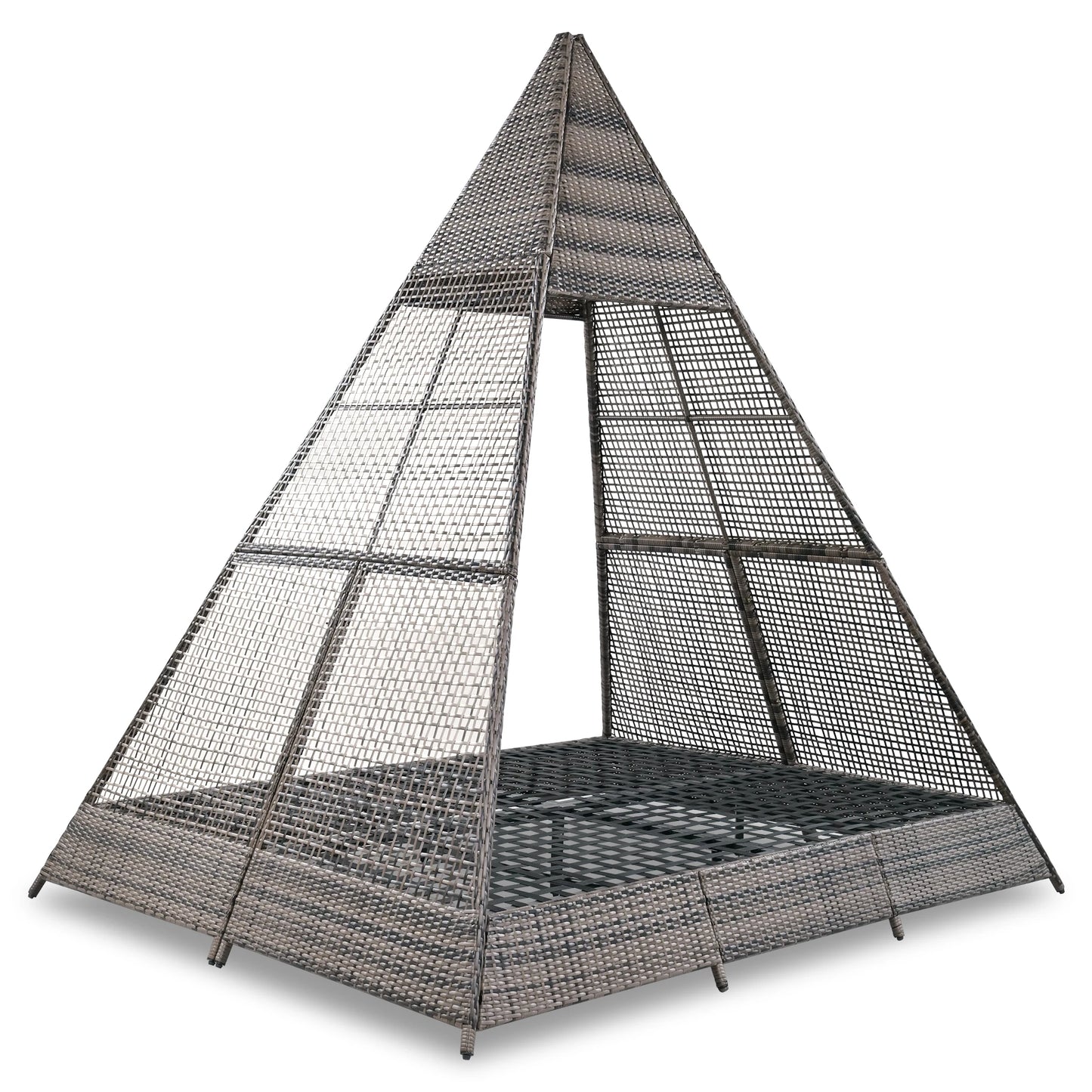 90.5-Inch Beige Outdoor Tent-Shaped Wicker Sunbed – Modern Patio Daybed with Cushions and Colorful Pillows