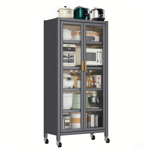 65" Gray Metal Kitchen Pantry Cabinet with Glass Doors – 6-Tier Storage with Adjustable Shelves for Food & Essentials