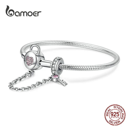 Sterling Silver Snake Chain Charm Bracelet – Pink Heart Lock & Key Design with Zircon Accents for Women