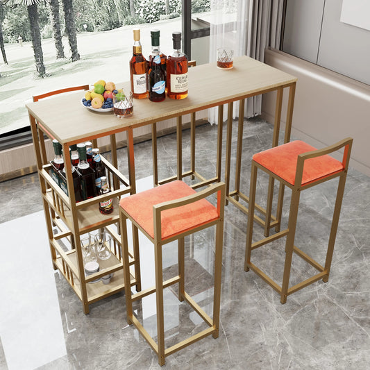 5-Piece Modern Bar Height Dining Set with Storage – Gold Frame and Orange Cushioned Chairs