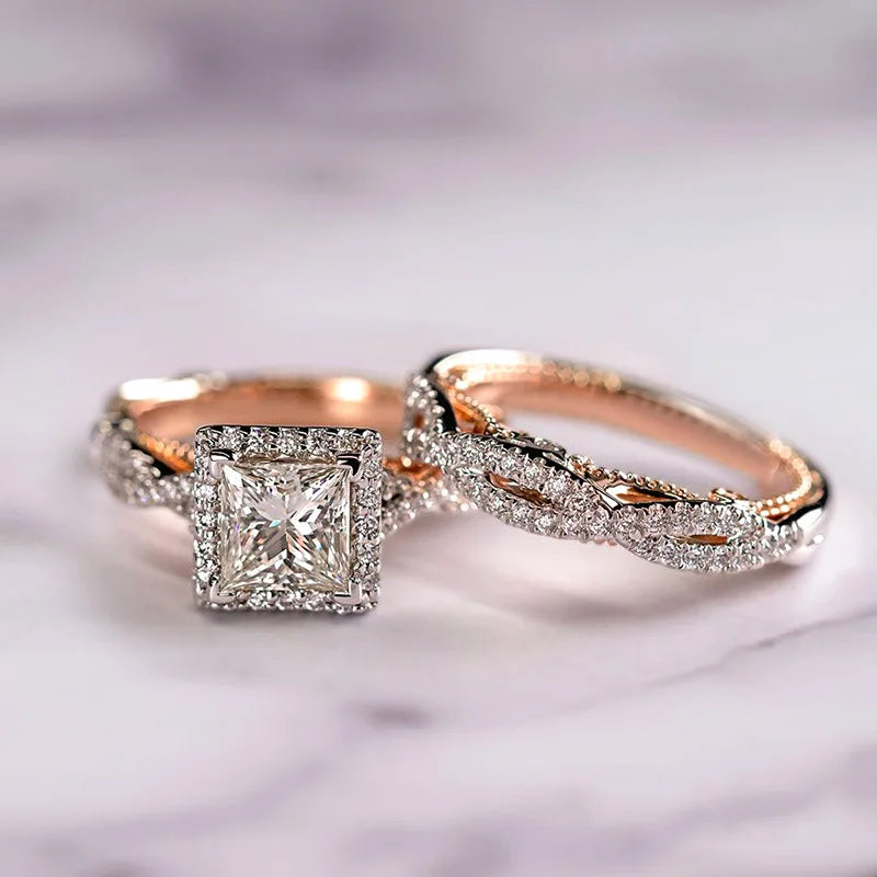 18K Rose Gold Princess Cut Real Diamond Ring – Elegant Bridal Jewelry Set for Women