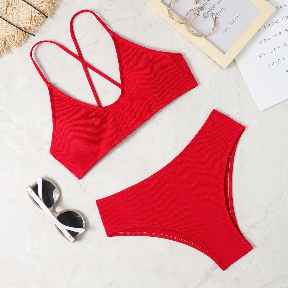 Soft Ice Silk Low Waist Bikini Set – Sexy Split Beachwear with Wire-Free Support and Padding