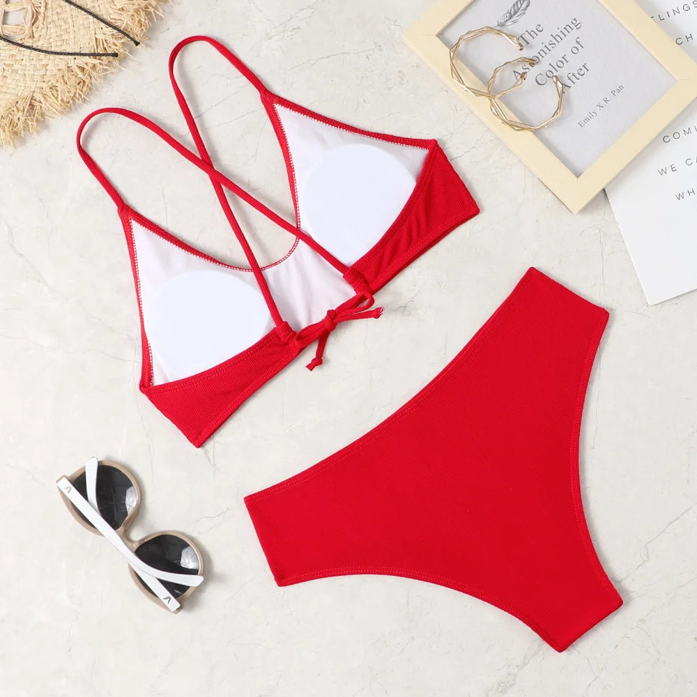 Soft Ice Silk Low Waist Bikini Set – Sexy Split Beachwear with Wire-Free Support and Padding