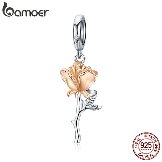 3D Rose Flower Charm Pendant – 925 Sterling Silver with Rose Gold Finish for Bracelets or Necklaces