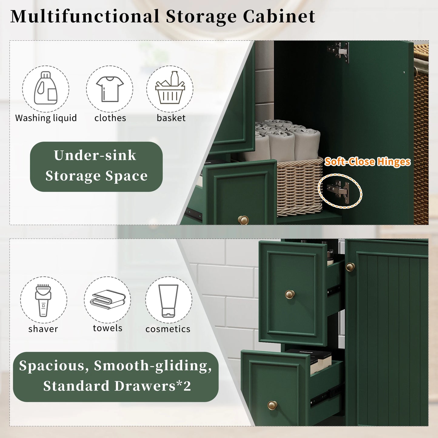 24-Inch Modern Forest Green Bathroom Vanity Cabinet with Ceramic Sink – 2 Drawers, 1 Soft-Close Door, Space-Saving Storage for Apartments