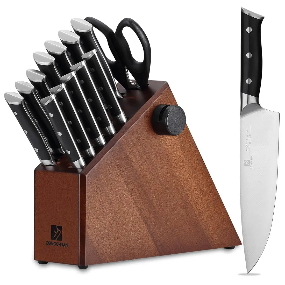 15-Piece Japanese Kitchen Knife Set – 50Cr15Mov Stainless Steel with Block, Sharpener & Scissors