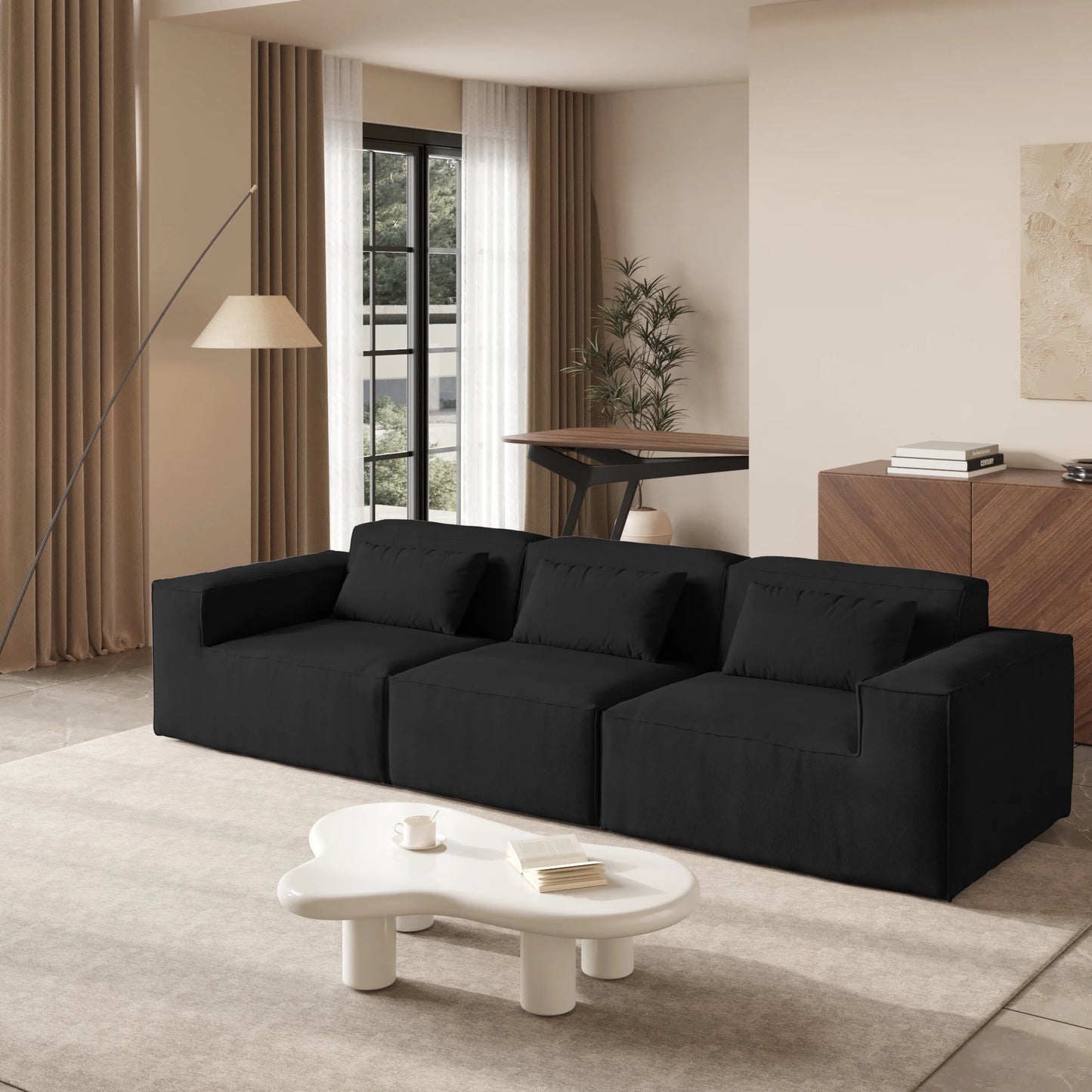 Black Modular Cloud Velvet Sectional Sofa – Vacuum Compressed Modern Living Room Couch Set