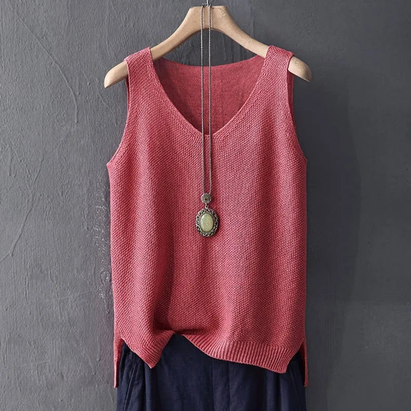 Sleeveless Knitted V-Neck Blouse for Women – Summer Casual Straight-Fit Top