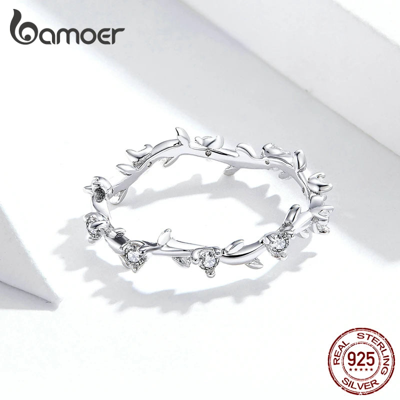 Sterling Silver Stackable Flower Branch Vine Ring – CZ Statement Band for Women