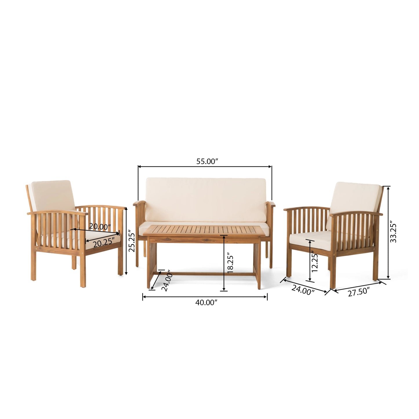 4-Piece Outdoor Garden Chat Set in Natural Acacia Wood with Water-Resistant Beige Cushions – Patio Courtyard Furniture