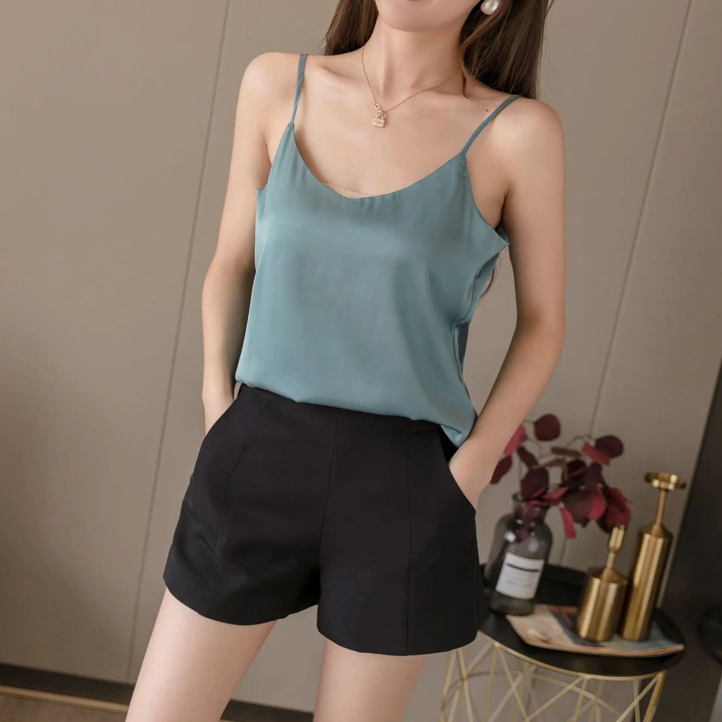 Women's Satin V-Neck Camisole – Sleeveless Halter Strap Silk-Look Tank Top for Summer, Spring, and Fall Casual Outfits